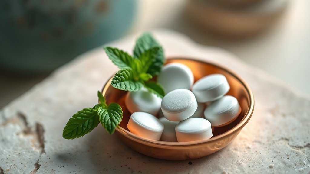 Chewable oral-probiotic tablets on a cream stone surface