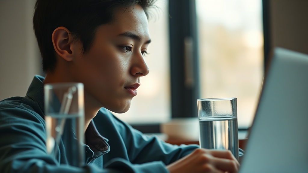 A focused young adult at a desk in soft light with a glass of water nearby