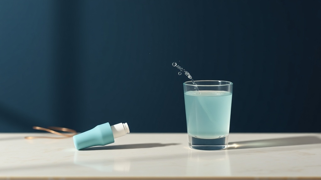 A water flosser and a glass of mouthwash representing a combined routine