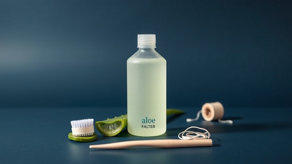 A bottle of aloe mouthwash beside a toothbrush and floss