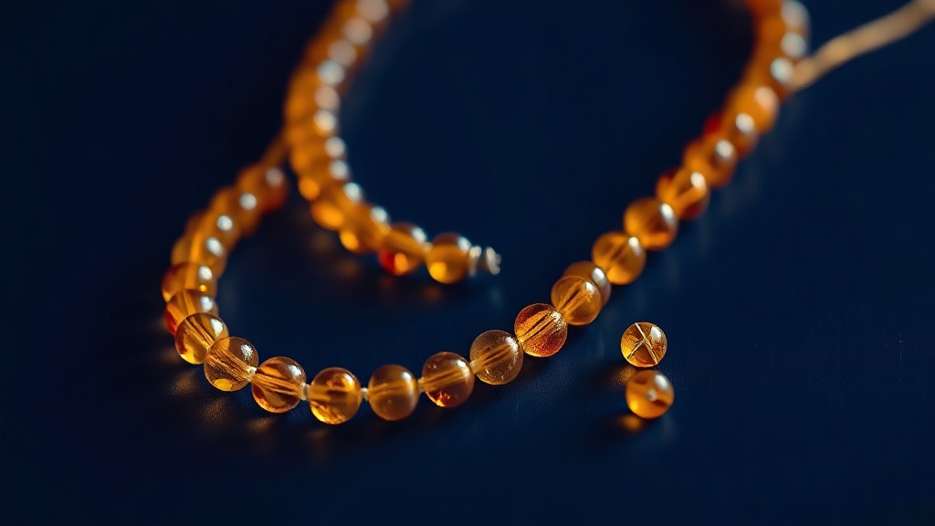 Amber beads on a cord against a dark background with two loose beads separated, illustrating choking and cord risk