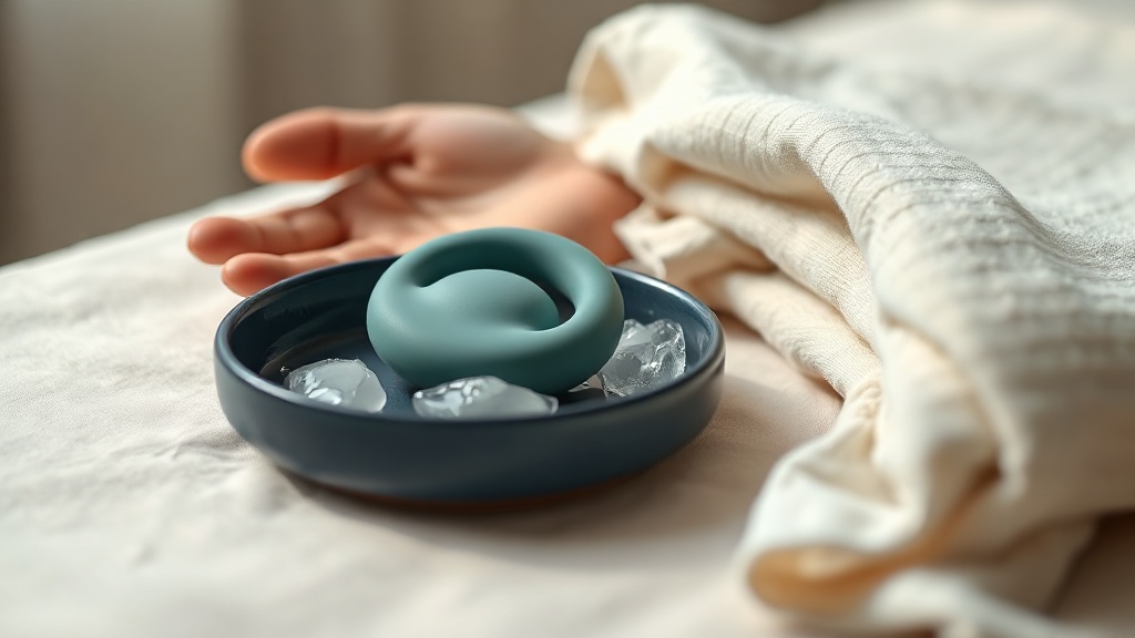 A chilled solid silicone teether resting on a small dish beside a folded cloth, with an adult hand offering it