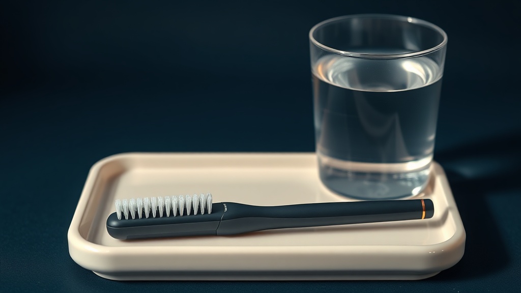 An electric toothbrush head and a manual toothbrush resting beside a glass of water