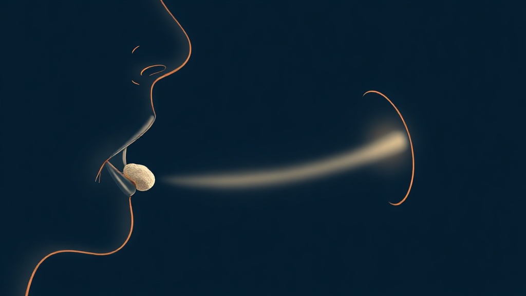 A tonsil stone drifting free toward the throat as the body clears it naturally