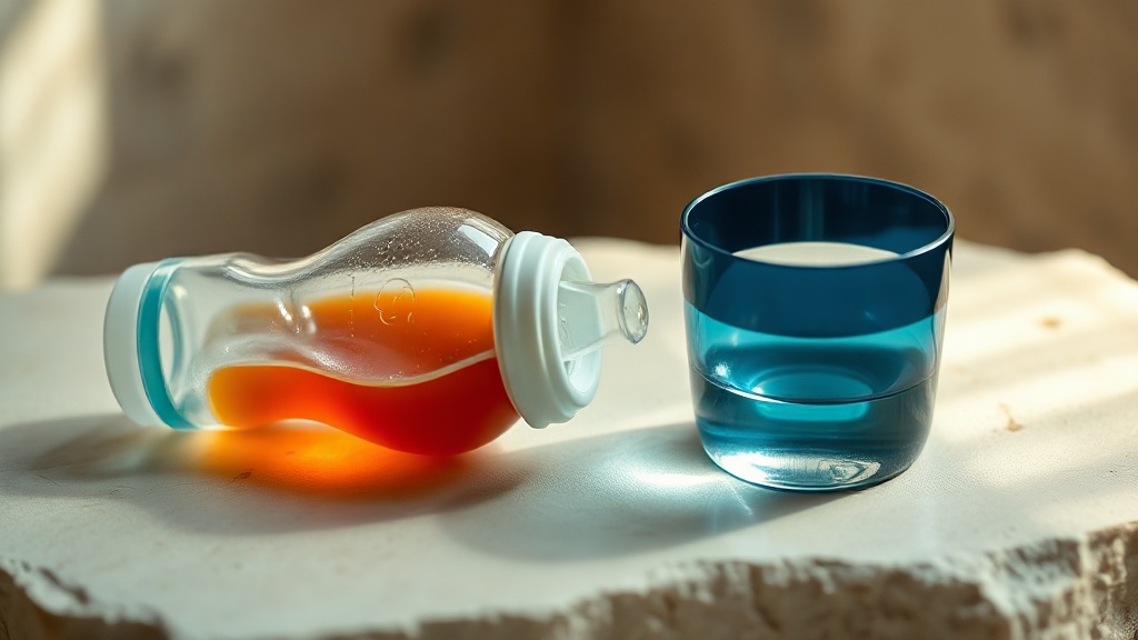 A tilted baby bottle with pooled amber liquid beside an open cup of clear water