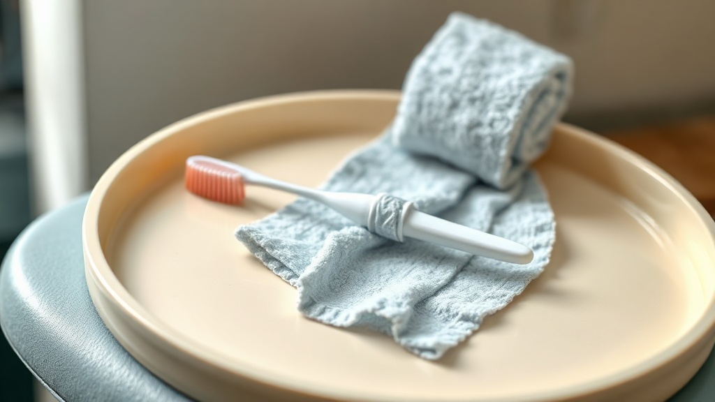 A soft finger-cloth and small dental mirror on a cream tray for a baby first dental visit