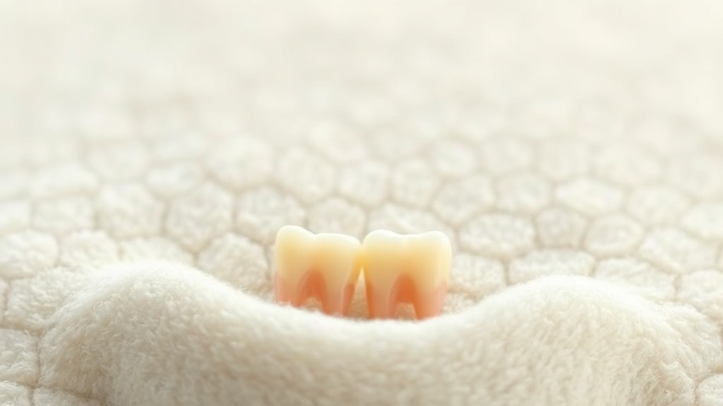 Two small lower front baby teeth emerging first, resting in soft fabric