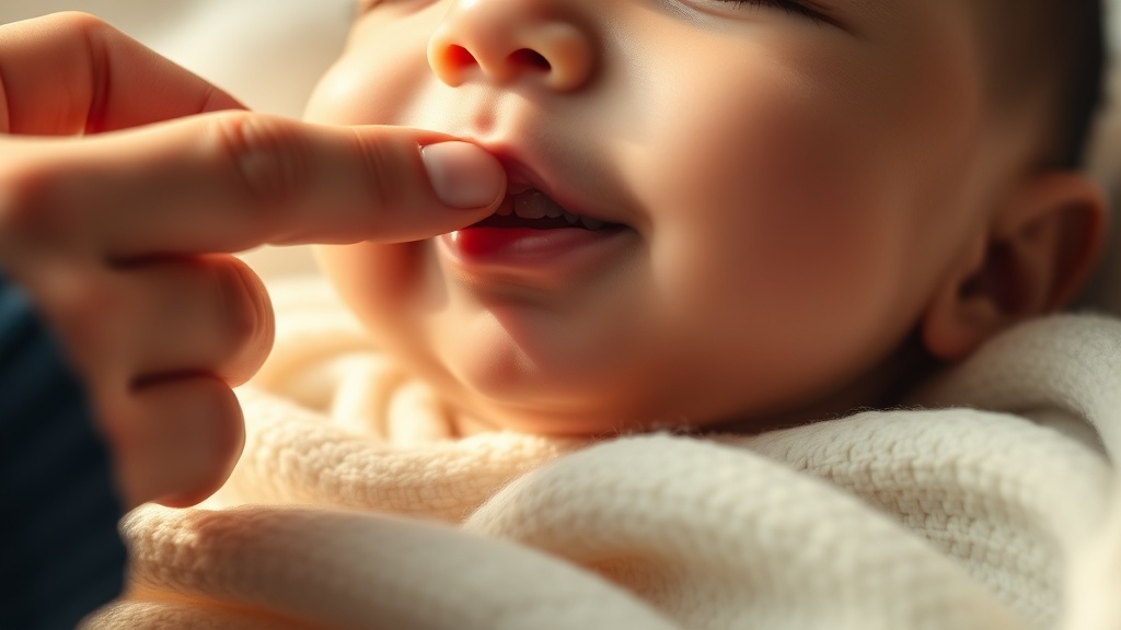 A parent gently checking a smiling baby new front tooth