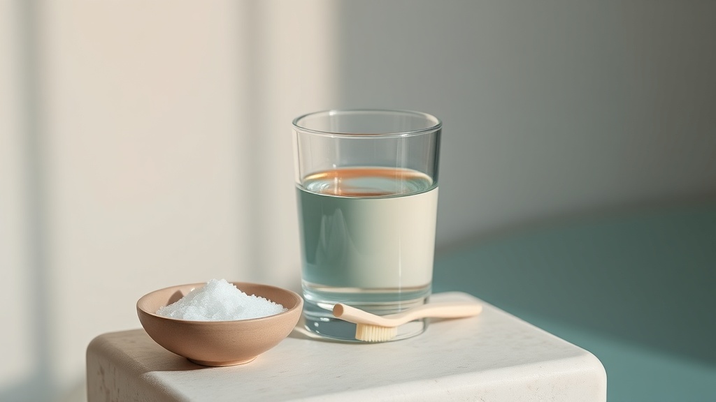A calm still-life of a glass of warm salt water and a soft toothbrush