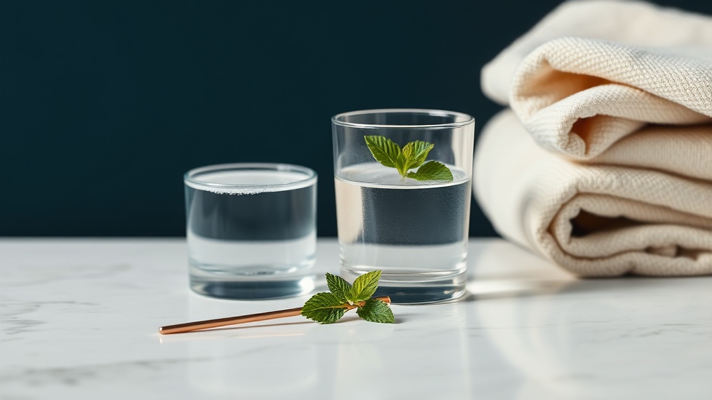 A glass of water and a tongue scraper arranged as a calm morning freshening routine