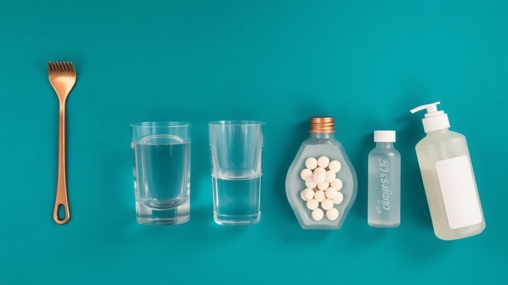 A tongue scraper, floss and glass of water arranged as a daily routine