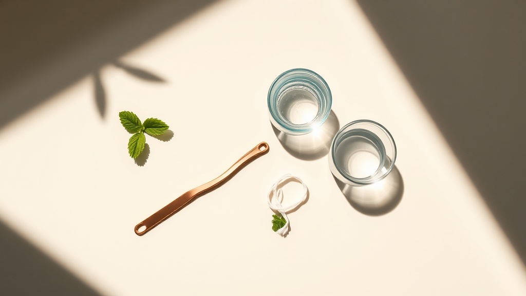 A calm flat lay of tongue scraper, floss and water representing a systematic freshening routine
