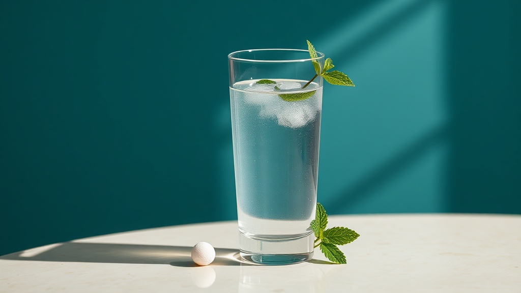 A tall glass of water beside fresh greens and a sugar-free mint, suggesting hydration and management of keto breath