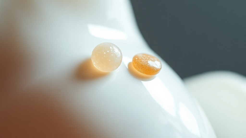 Soft rounded baking soda particles gently lifting a translucent stain film from a smooth enamel surface