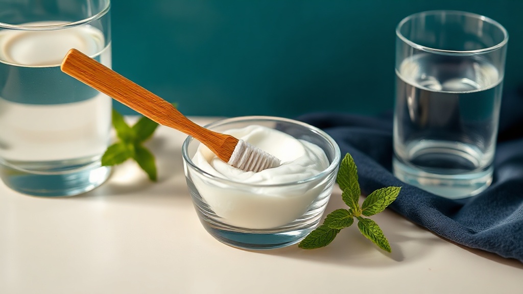 A little baking soda being stirred with water into a smooth paste using a bamboo toothbrush, a glass of water nearby
