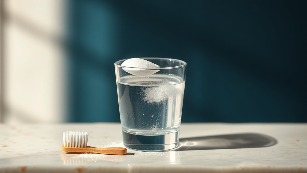 A spoon of baking soda dissolving into a glass of clear water beside a toothbrush