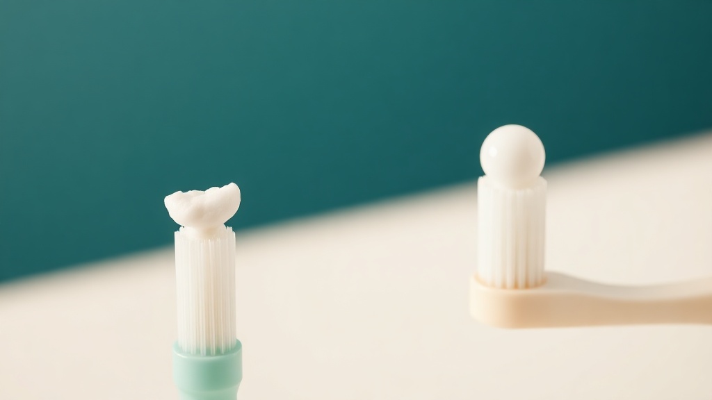 A rice-grain smear of toothpaste on an infant brush next to a slightly larger pea-sized amount on a small child brush