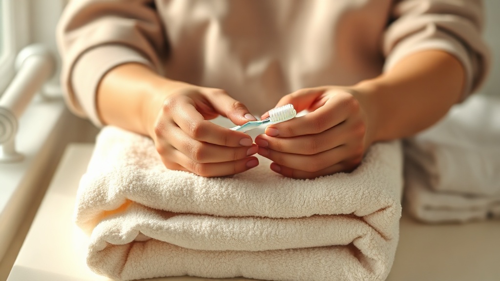 An adult's hands holding a small infant toothbrush over a soft cream towel, supervising brushing