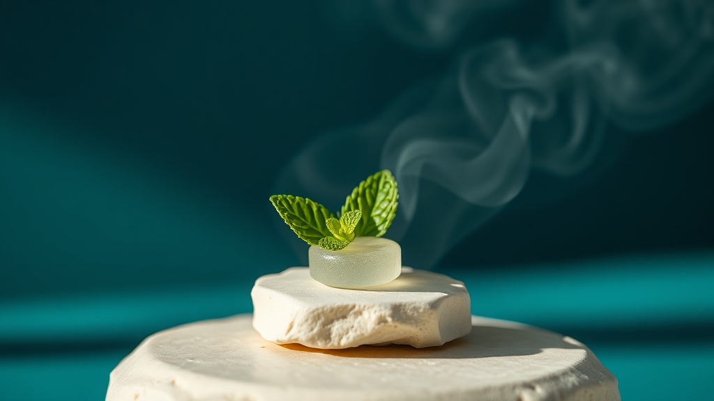 A single unbranded breath mint with a soft mint leaf, styled to show flavour masking odour