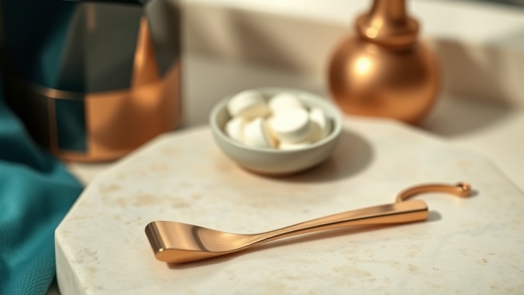 A copper tongue scraper in the foreground with a small dish of mints softly out of focus behind it