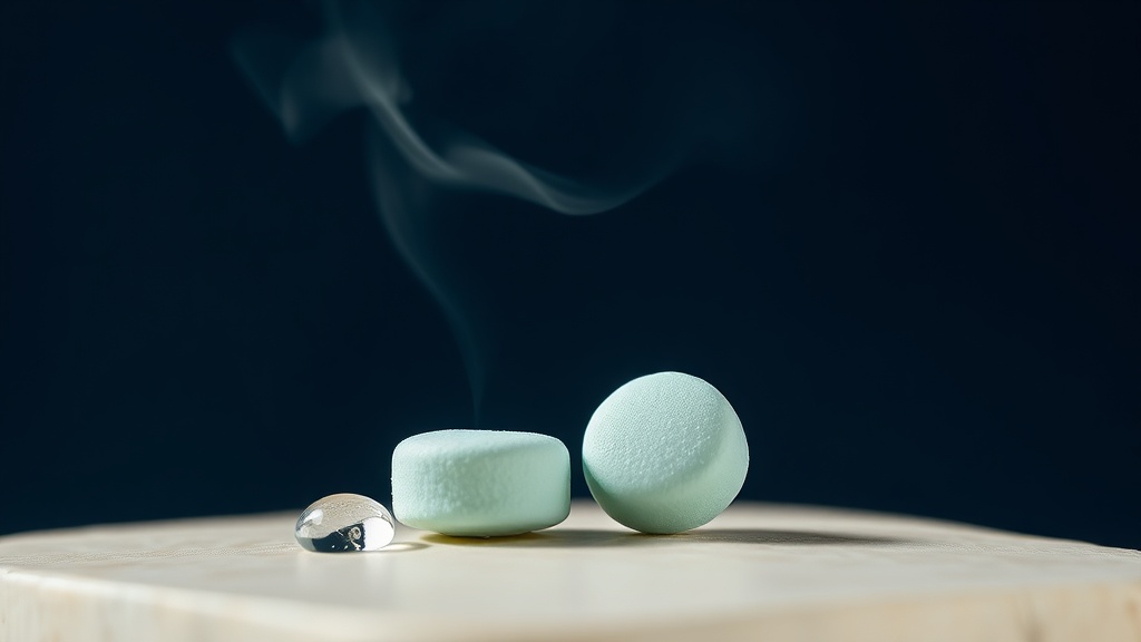 Cool-mint gum pellets on cream stone with a faint teal vapour suggesting fresh breath