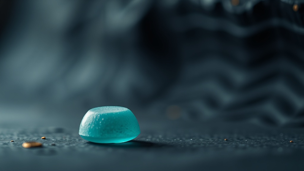A single glowing gum pellet in front of shadowed tongue-like grooves