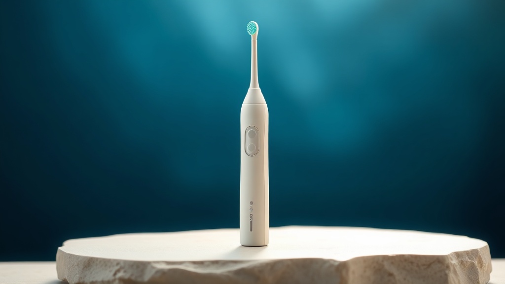 A cordless water flosser standing upright with its tip and charging base
