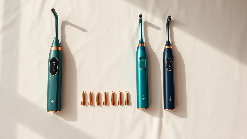 Two cordless water flossers and interchangeable tips arranged neatly