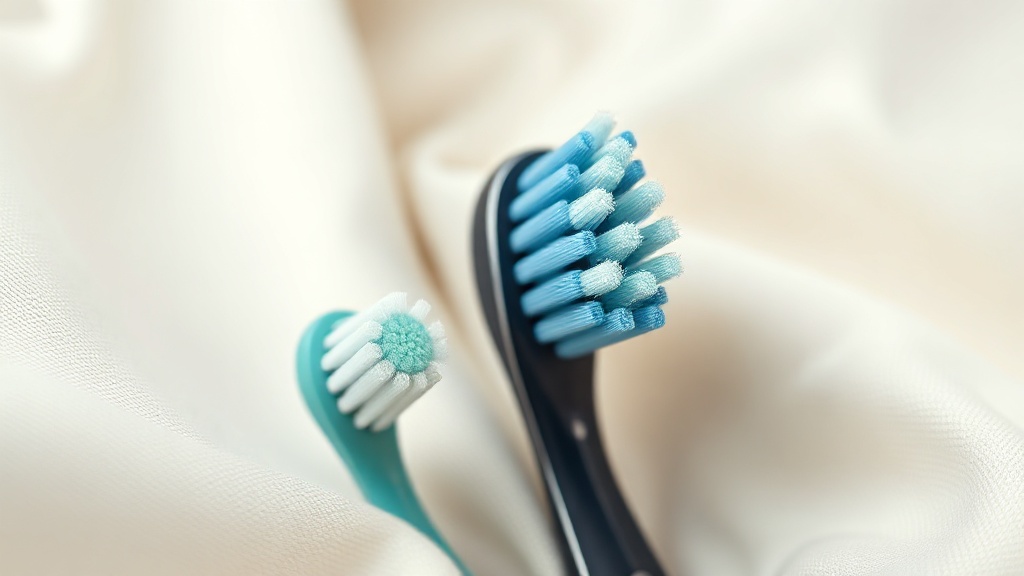 A tiny child-sized soft toothbrush head next to a larger adult brush head, showing the difference in scale