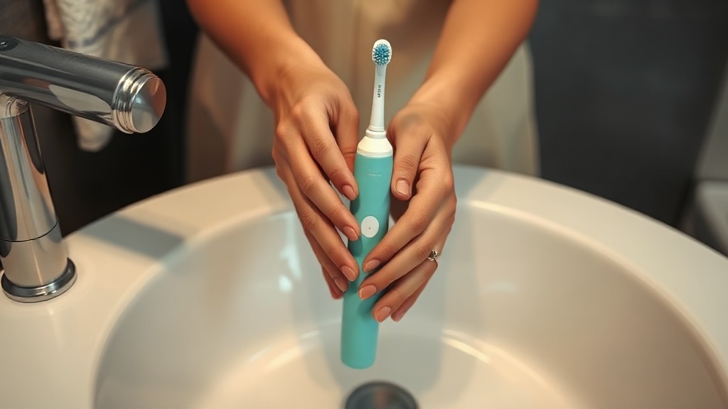 An adult hands gently guiding a small child hands around a child-sized electric toothbrush at a sink