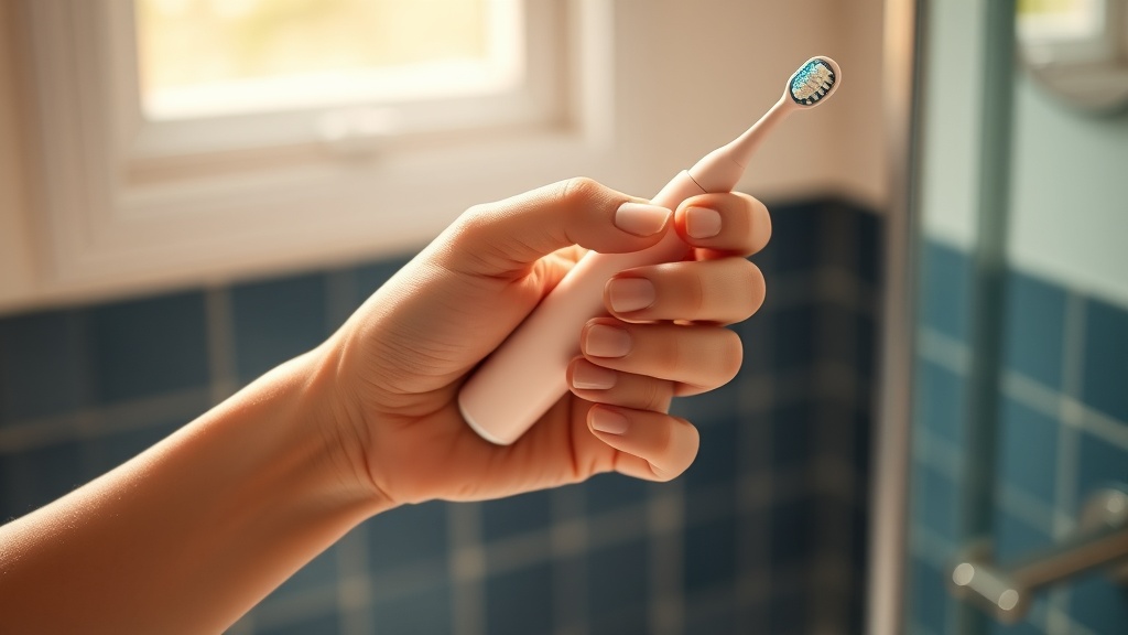 A person brushing gently with an electric toothbrush at the gumline