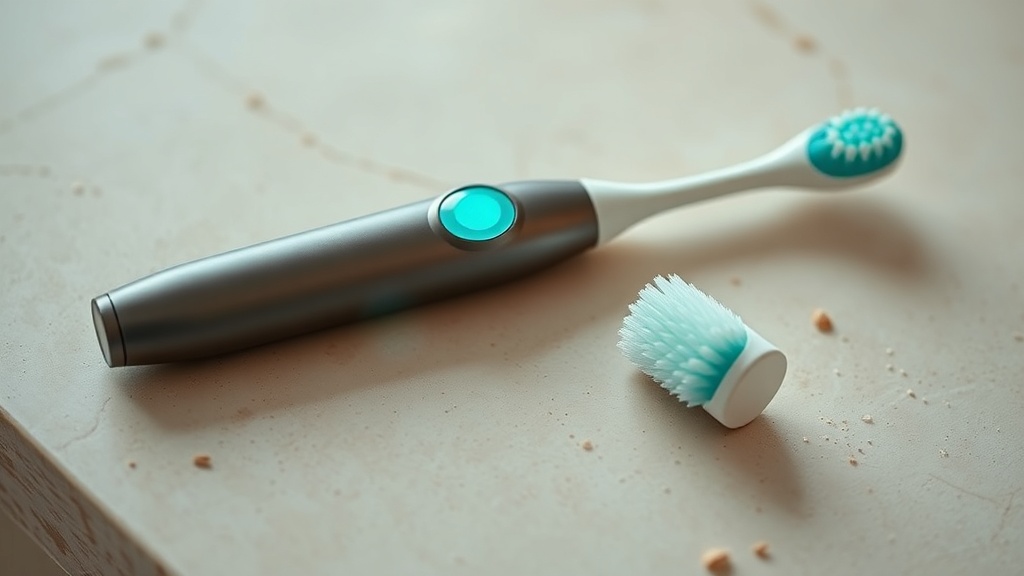 Electric toothbrush handle with soft-bristled head resting on cream stone