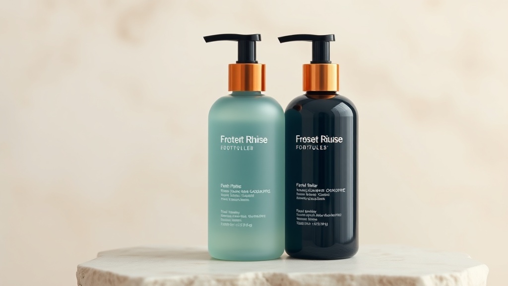Two frosted rinse bottles of different sizes on cream stone