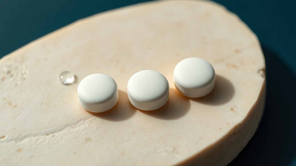 Sugar-free gum pellets on cream stone with a droplet suggesting saliva