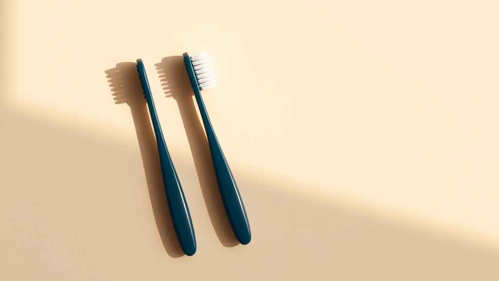 A row of simple soft-bristled manual toothbrushes arranged neatly on a cream surface