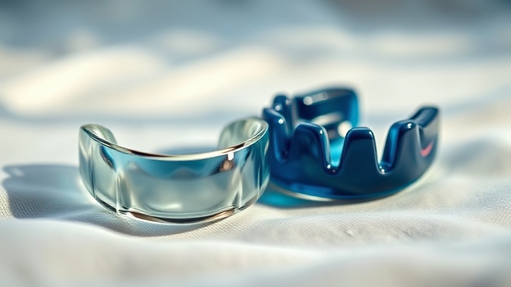 A clear custom night guard and a softer boil-and-bite guard photographed side by side on a clean surface