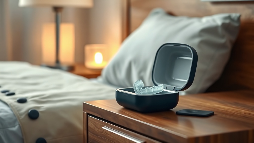 A clean night guard resting in an open protective case on a calm bedside table