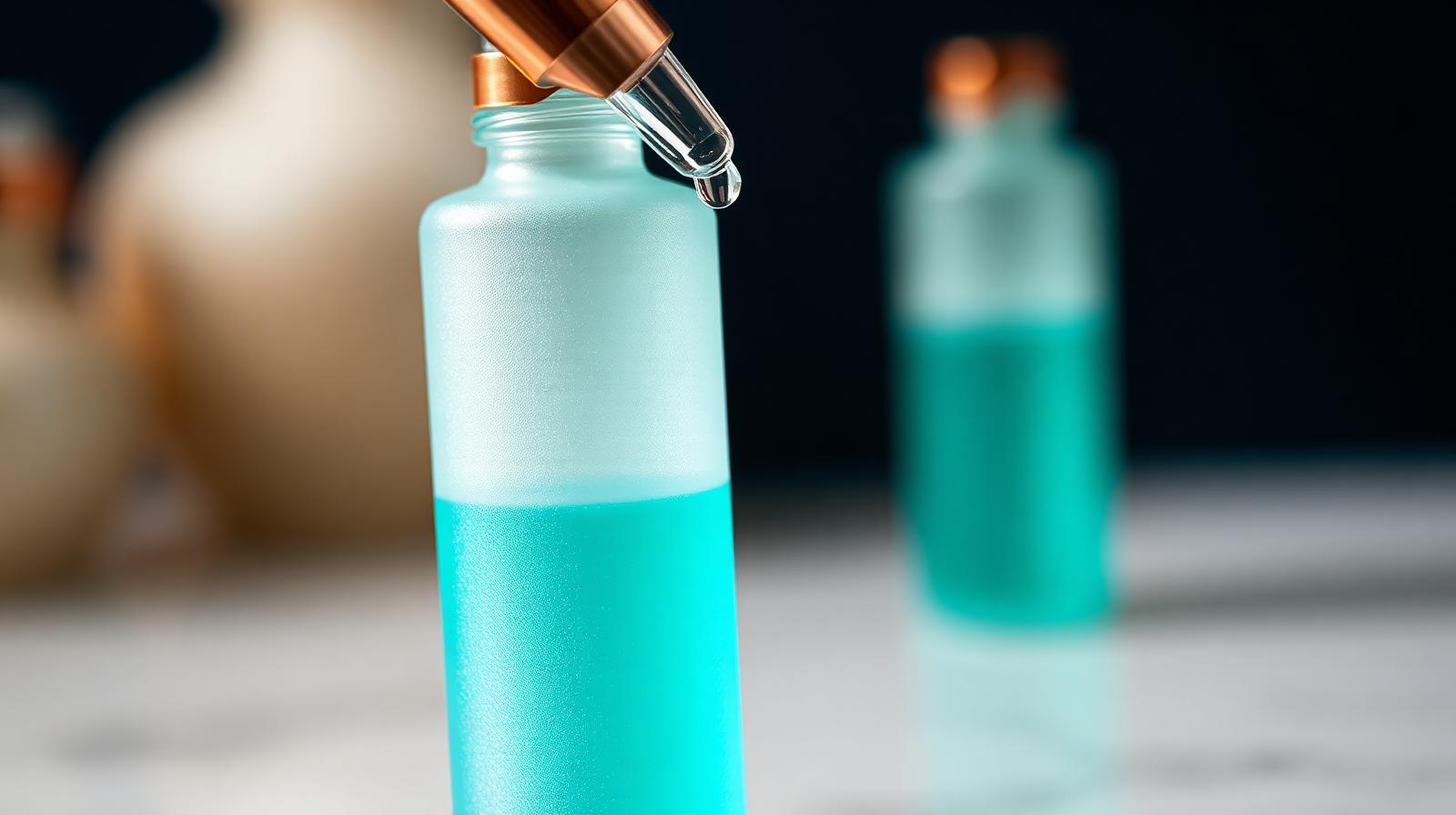 Bottle of teal-coloured mouthwash rinse for bad breath