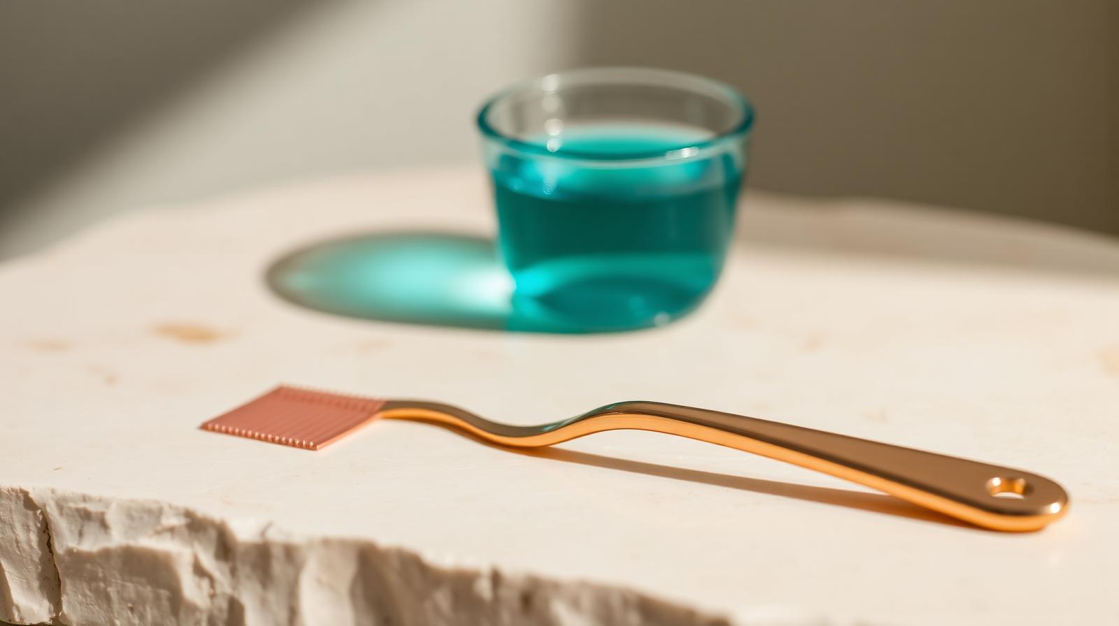 Copper tongue scraper used before mouthwash for fresher breath