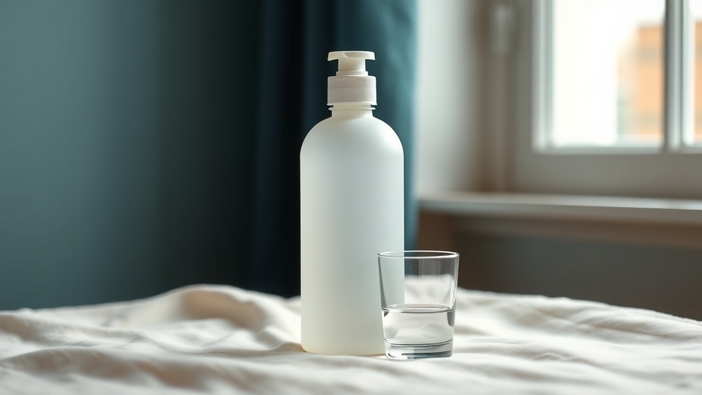 A frosted unbranded rinse bottle beside a small glass on cream linen