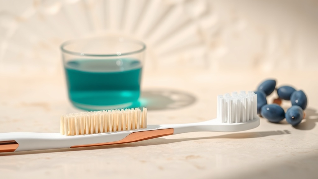 A measured cup of mouthwash beside a toothbrush after brushing