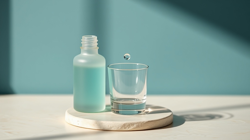 Frosted bottle of alcohol-free rinse beside a small glass on cream stone