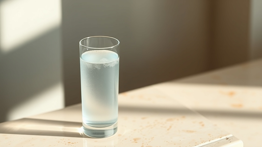 Water glass and frosted rinse bottle suggesting a hydrated, alcohol-free routine