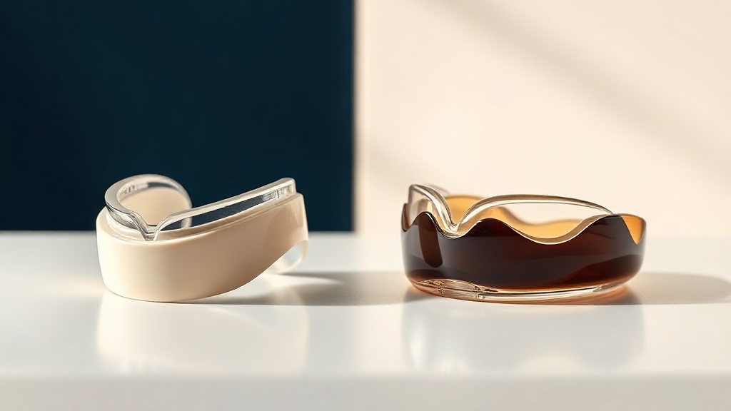 A soft flexible night guard beside a slimmer rigid clear hard night guard on a clean surface
