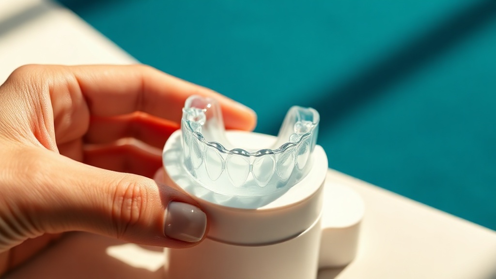A clear custom-fit night guard seated on a white dental model of the upper teeth, held between fingertips