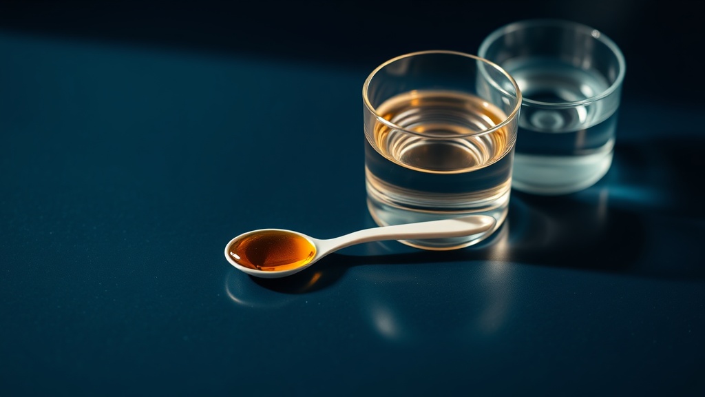 A chosen oil in a spoon beside a toothbrush and glass of water