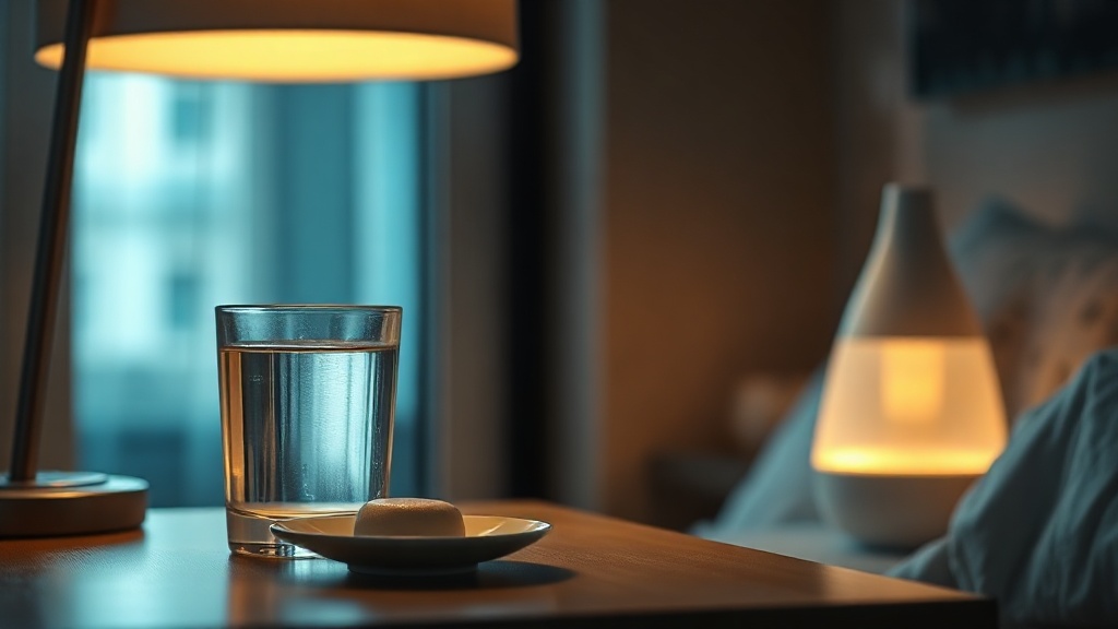 A bedside glass of water, an overnight disc, and a softly glowing humidifier, the tools for night-time dry mouth