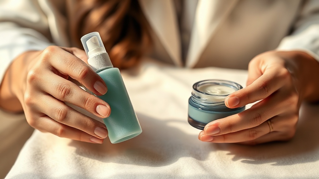 A woman comparing a dry-mouth spray and a moisturizing gel in her hands, choosing between products