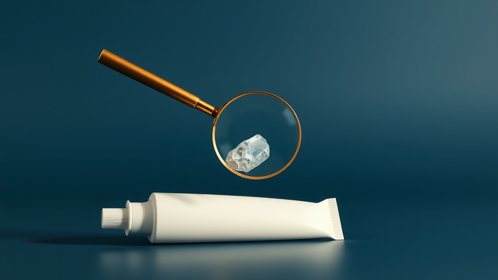A magnifier hovering over a toothpaste ingredient panel highlighting the active ingredient and concentration