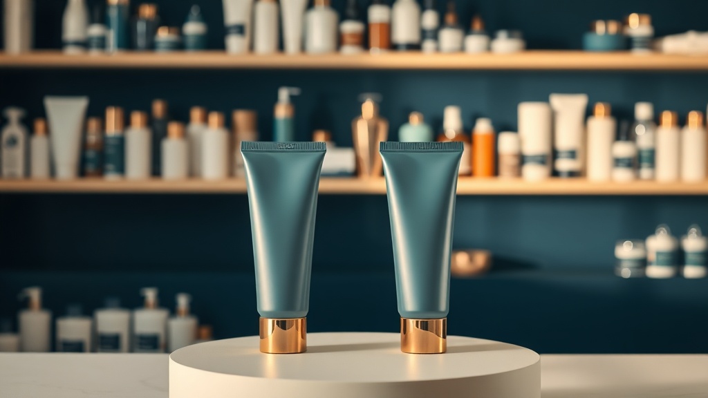 A small curated row of toothpaste tubes set apart from a crowded blurred shelf behind